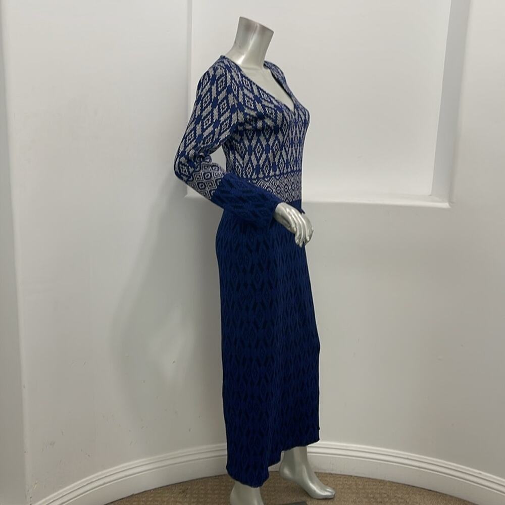 St. John Evening Diamond Jacquard Knit Maxi Dress Navy Blue Silver Long Sleeve 4 - Picture 7 of 14